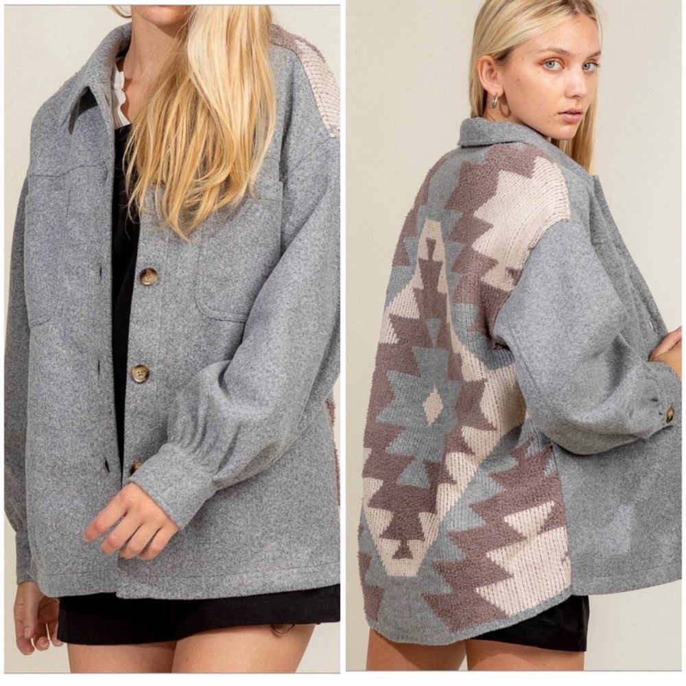 Women’s Gray Aztec Shacket Oversized Southwestern Western Shirt Jacket size Med
